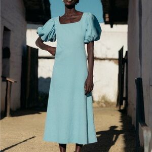 Kara Thoms Elegant Blue Puff Sleeve Crinkle Cotton Dress. Spring Beauty!